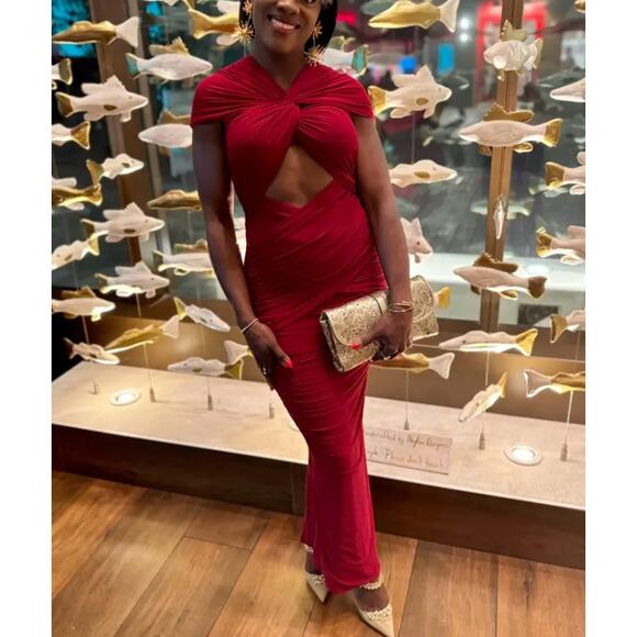 Ronny Kobo Red Ruched Maxi Dress MEDIUM Cutout Slinky Jersey Gown Designer $468 - Picture 9 of 13